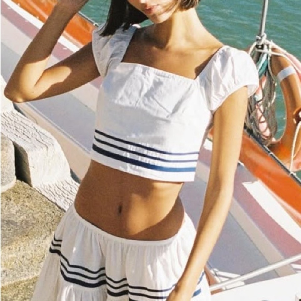 NWT Ciao Lucia Paz Cotton Poplin Short Puff Sleeve Crop Top Sailor White Stripe